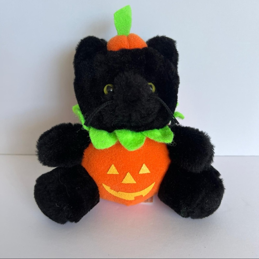Vintage Avon Cat plush Halloween Jack o lantern costume Black kitty 6"